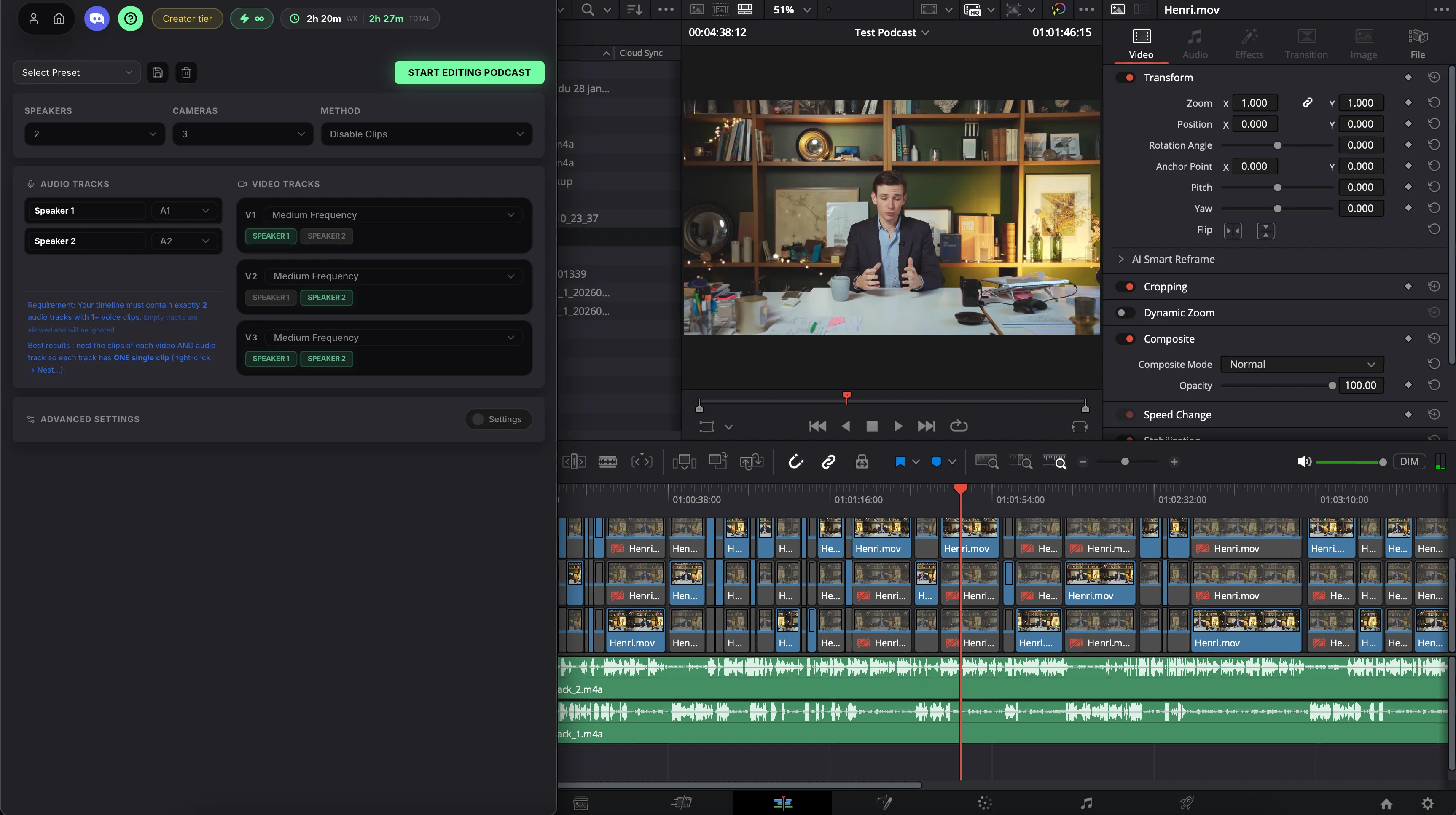 Auto Podcast multicam pipeline in DaVinci Resolve